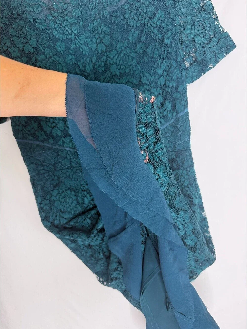 Tory Burch Teal Lace Cocktail Dress 8 Silk Ruffle Puff Sleeve